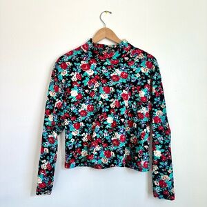 Floral Mock Neck Long Sleeve Top - Red & Teal